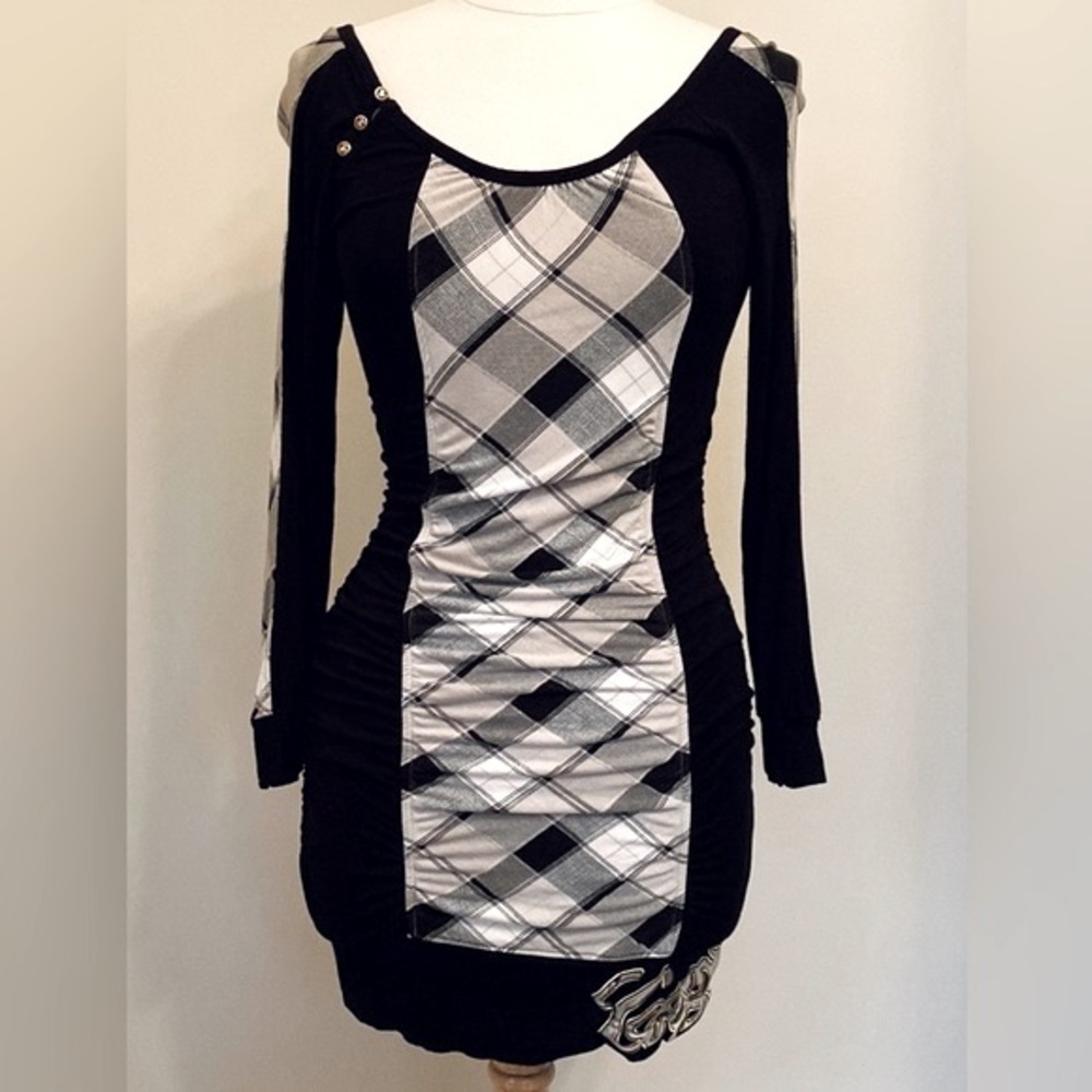 COOGI Black White Plaid M Designer Streetwear Y2K Retro Embroidered Mini Dress